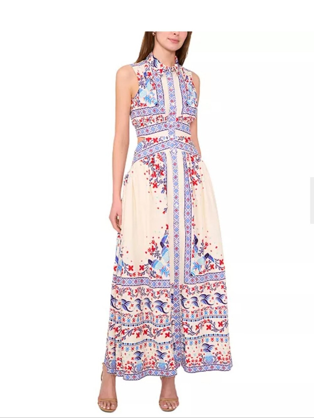 1.STATE Womens Floral Print Rayon Linen Maxi Dress Sz L Ivory Blue Red NWT $149